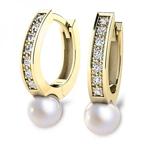 Náušnice žluté zlato 585/1000, přírodní diamanty 0.210ct, přírodní perly 109011-ZL-DIA-FW