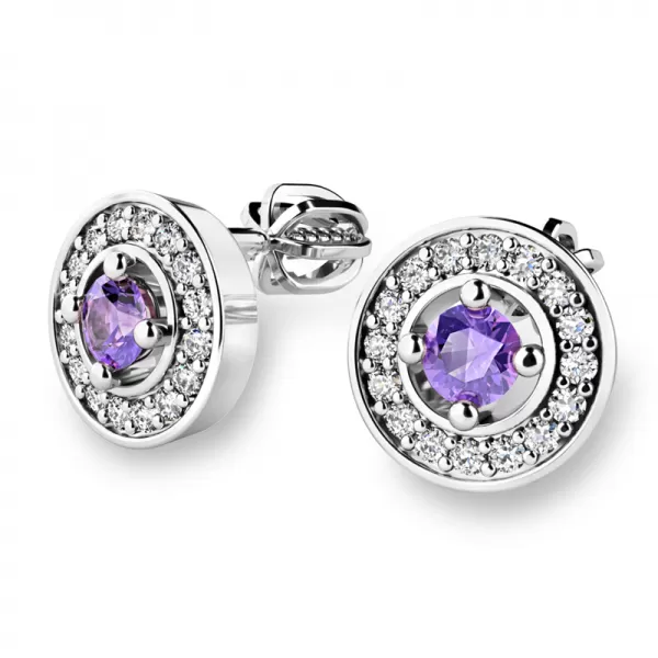 Náušnice bílé zlato 585/1000, přírodní diamanty a ametysty, 10921-B-AME