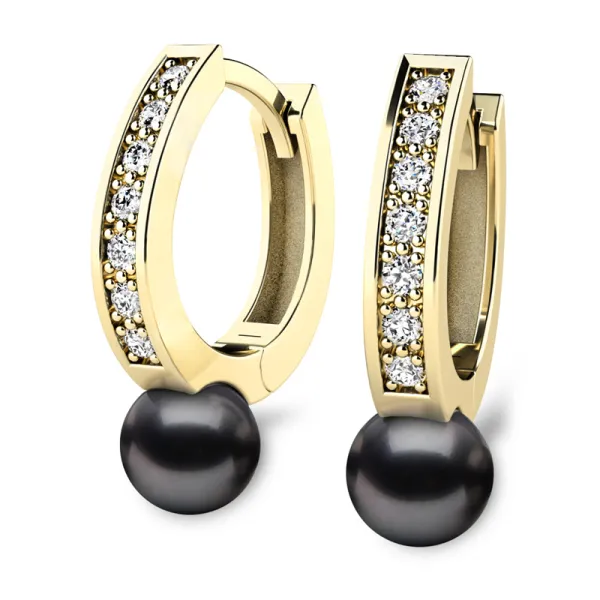 Náušnice žluté zlato 585/1000 se zirkony a přírodními perlami 109011-ZL-ZIR-Black