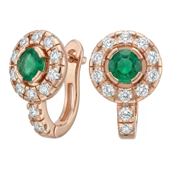 Náušnice růžové zlato 585/1000, přírodní diamanty a smaragdy, 109015-CV-SMAR