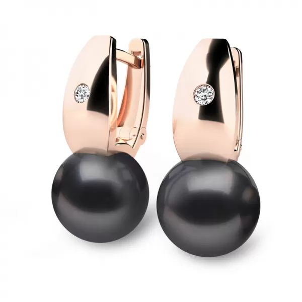 Náušnice z růžového zlata 585/1000 s přírodními diamanty 0.032ct a přírodními perlami 10988CV-DIA-Black