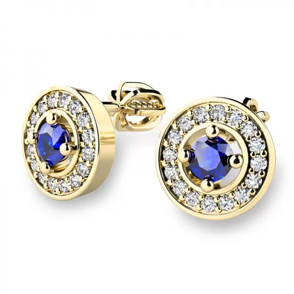 Náušnice žluté zlato 585/1000, přírodní diamanty a safíry, 10921-ZL-SAF