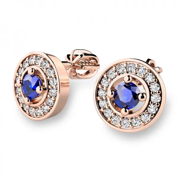 Náušnice růžové zlato 585/1000, přírodní diamanty a safíry, 10921-CV-SAF