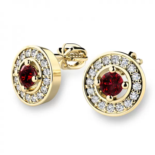 Náušnice žluté zlato 585/1000, přírodní diamanty a granáty, 10921-ZL-GRA