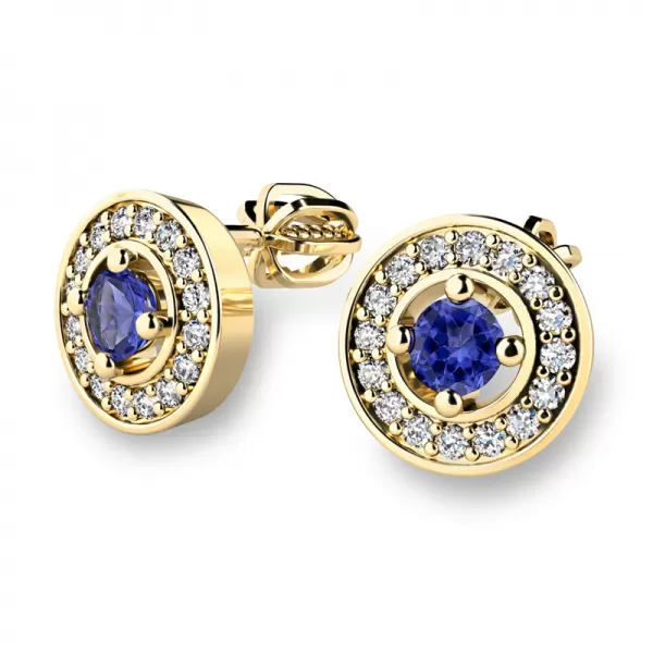 Náušnice žluté zlato 585/1000, přírodní diamanty a tanzanity, 10921-ZL-TAN
