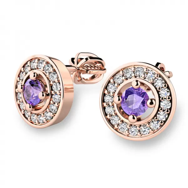 Náušnice růžové zlato 585/1000, přírodní diamanty a ametysty, 10921-CV-AME