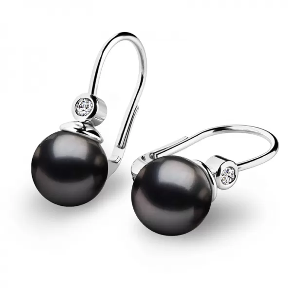 Náušnice bílé zlato 585/1000 přírodní diamanty 0.054ct, přírodní černé perly, 10868B-DIA-Black