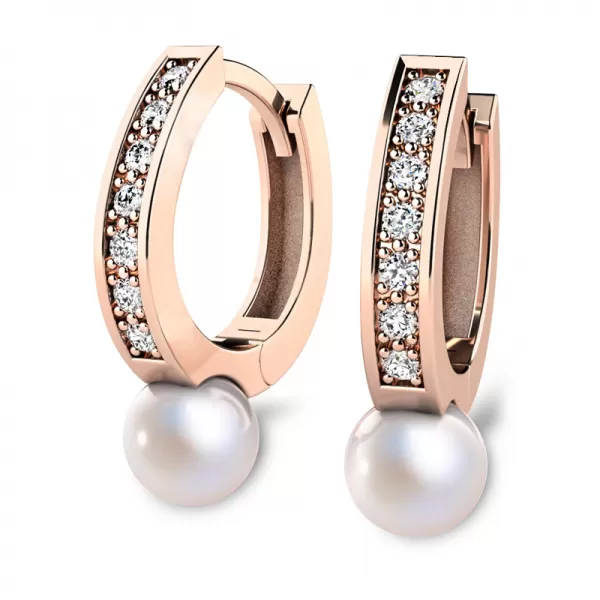 Náušnice růžové zlato 585/1000, přírodní diamanty 0.210ct, přírodní perly 109011-CV-DIA-FW
