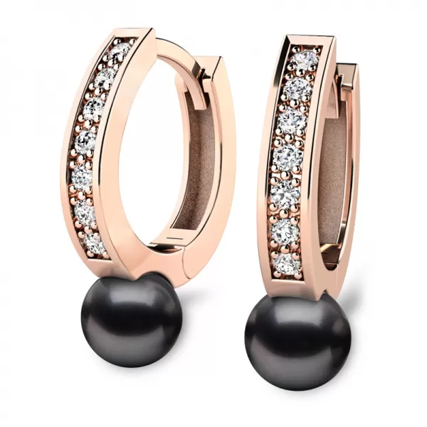 Náušnice růžové zlato 585/1000, přírodní diamanty 0.210ct, přírodní perly 109011-CV-DIA-Black