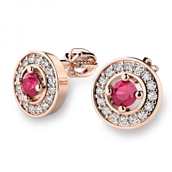 Náušnice růžové zlato 585/1000, přírodní diamanty a rubíny, 10921-CV-RUB