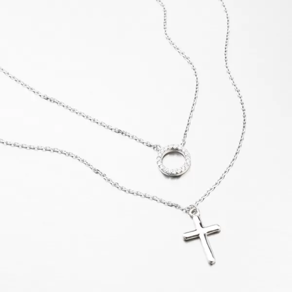 Dvojitý stříbrný náhrdelník s křížkem a se zirkony TSST-151540
