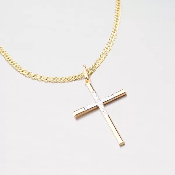 Zlatý přívěsek ve tvaru kříže s gravírováním 43-2758