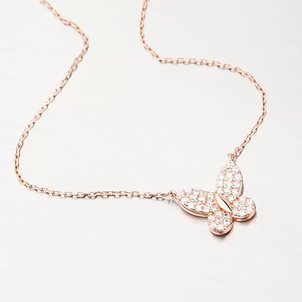 Stříbrný náhrdelník s motýlem v barvě růžového zlata N1802326-2493-SLX