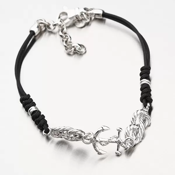 Náramek s textilem a s kotvou - stříbro 925 B1501907-1397-SLX