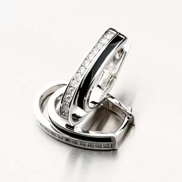 Visací stříbrné náušnice s černým smaltem a se zirkony PKL-2134