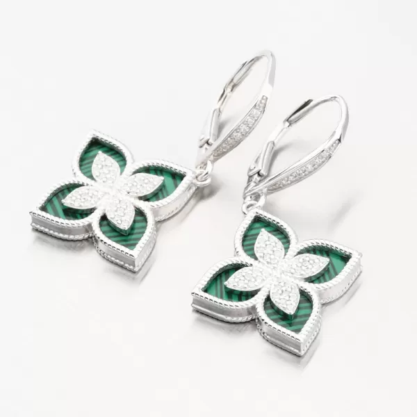 Stříbrné náušnice květy se zirkony a s malachitem PKL-2173