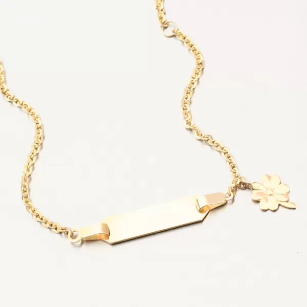 Dětský náramek žluté zlato 585 s destičkou a čtyřlístkem 144P-141312