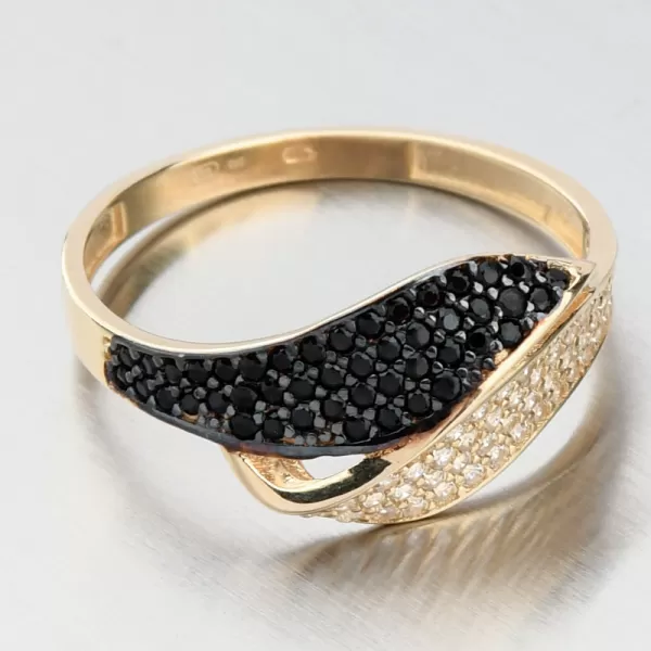 Dámský prsten žluté zlato 585 zirkon černé a bílé kameny 11R-356