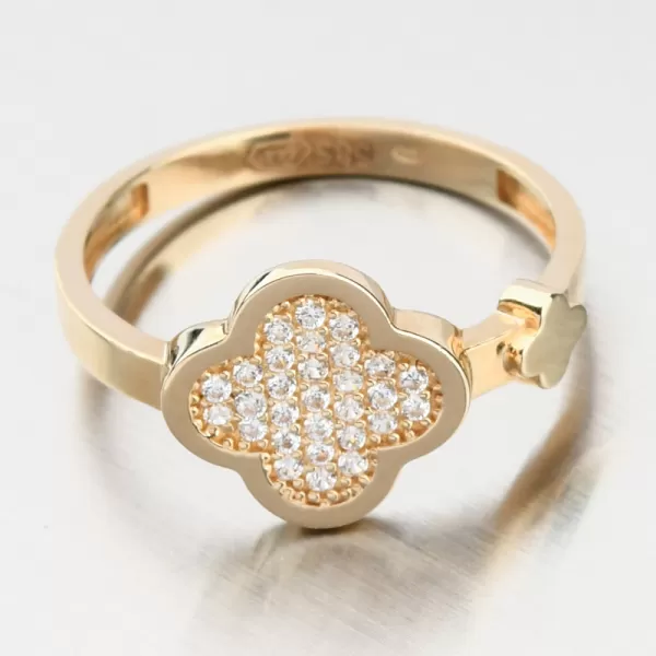 Dámský prsten žluté zlato 585 zirkon ve tvaru čtyřlístku 11R-360