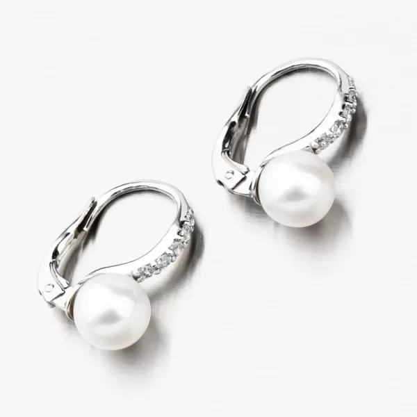 Náušnice z bílého zlata s perlou a se zirkony 663P-120009-B