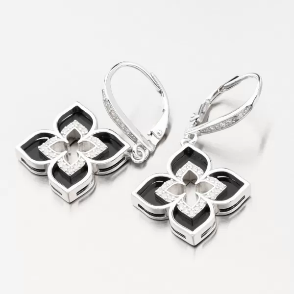 Stříbrné náušnice květy se zirkony a s onyxem PKL-2197