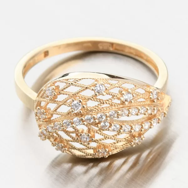 Dámský prsten žluté zlato 585 zirkon filigránový lístek 11R-366