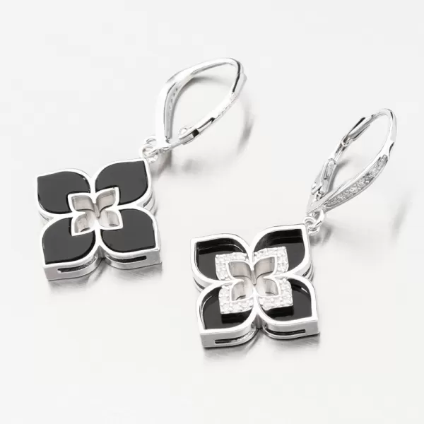 Stříbrné náušnice květy se zirkony a s onyxem PKL-2197