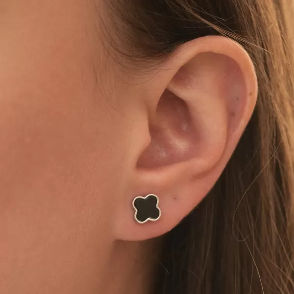 Stříbrné náušnice čtyřlístky s onyxem PKL-2247