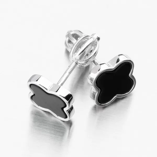 Stříbrné náušnice čtyřlístky s onyxem PKL-2247